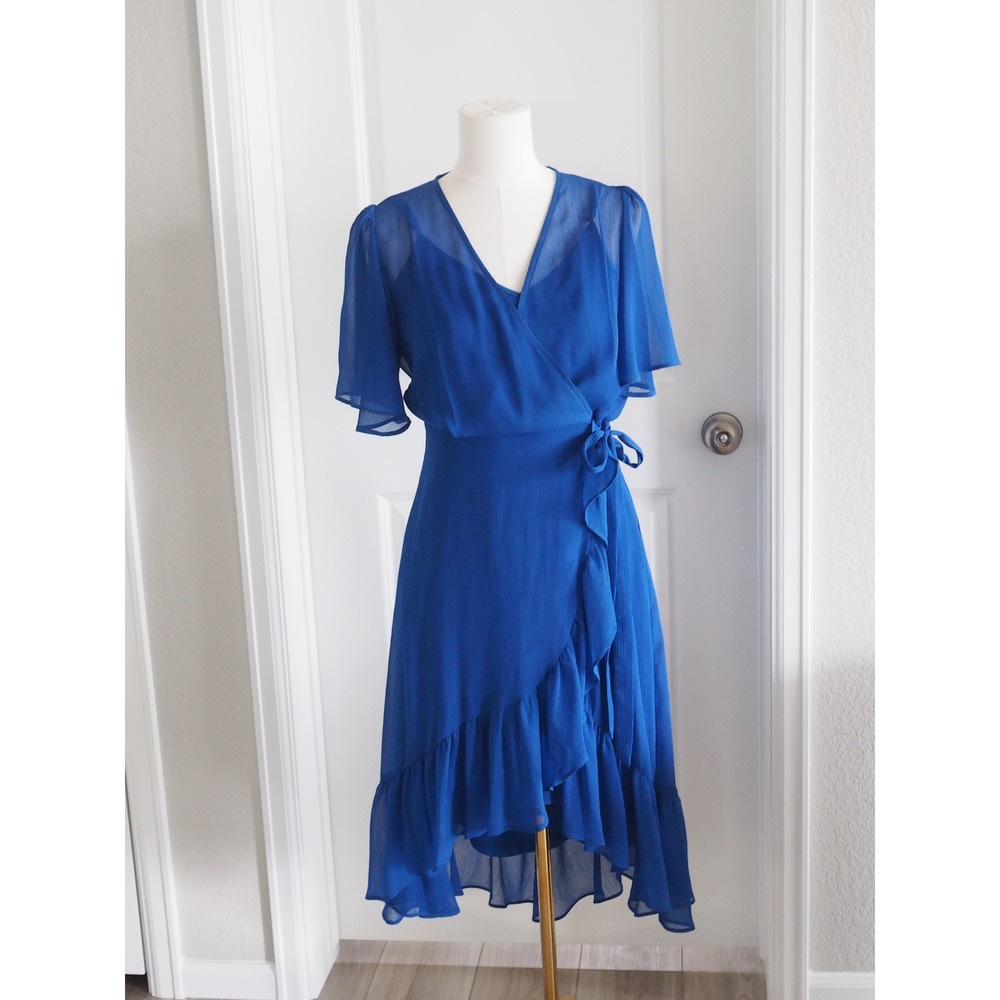 Calvin Klein Cobalt Blue Chiffon Faux Wrap Ruffle Flutter Midi Dress Size 6